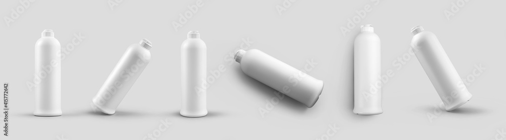 Set of templates of plastic bottles with flip top, jar for soap, chemistry, bleach, isolated on background.