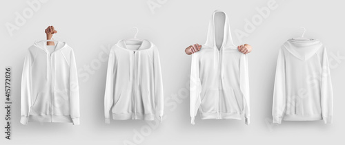 Mockup white hoodie with zipper on a hanger in hand, front, back view, isolated on background.
