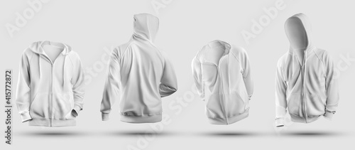 3d rendering white hoodie mockup, with zipper closure, pocket, front, back view, sweatshirt isolated on background.