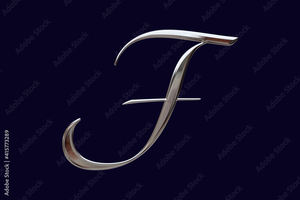 Alphabet letter F with glossy metal texture (chrome, steel, silver), 3D
