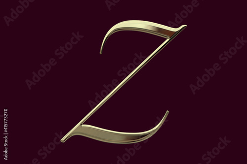 Alphabet letter Z with metallic gold texture, 3D rendering, golden abc, hand drawn uppercase typography, calligraphic handwriting font for poster, cover, invitation photo