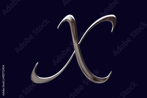 Alphabet letter X with glossy metal texture (chrome, steel, silver), 3D rendering, metallic abc, hand drawn uppercase typography, calligraphic handwriting font for poster, cover, invitation
