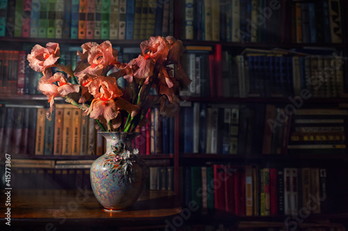 Tablou pe pânză porcelain vase with pink irises stands on the table