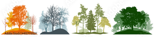 Four season  autumn and winter and spring and summer  set. Silhouette of beautiful nature  landscape. Many different trees. Vector illustration.