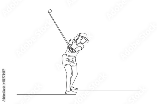 Continuous line drawing of young woman playing golf. Single one line art concept of professional golfer holding stick to hit ball. Vector illustration