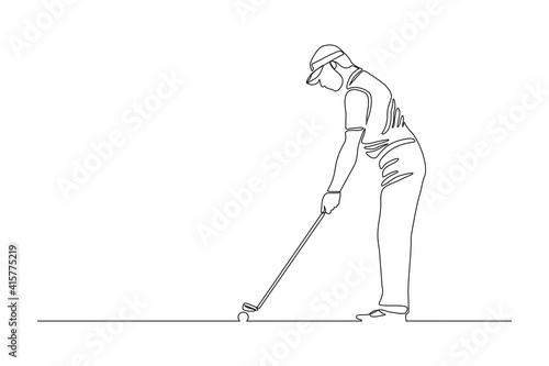 Continuous line drawing of young man playing golf. Single one line art concept of professional golfer holding stick to hit ball. Vector illustration