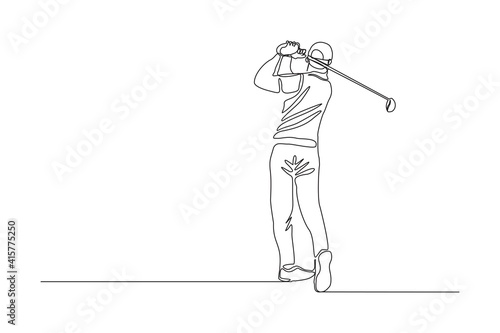 Continuous line drawing of young man playing golf. Single one line art concept of professional golfer holding stick to hit ball. Vector illustration