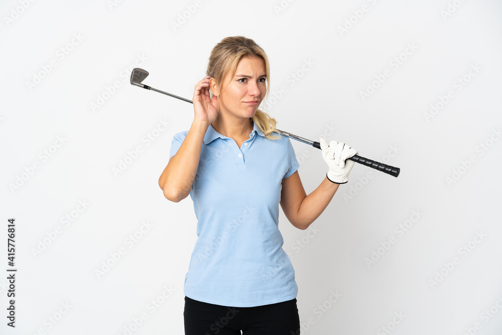 Young Russian golfer woman isolated on white background having doubts Young Russian golfer woman isolated on white background having doubts