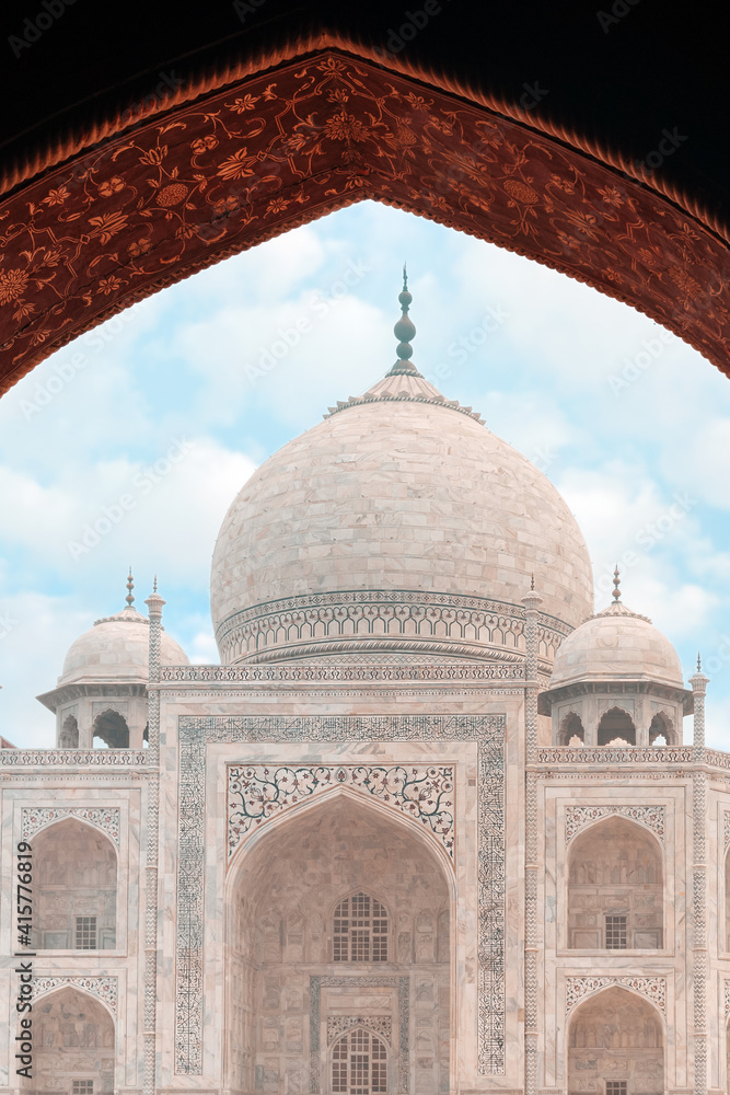 Historic Building. View of the Taj Mahal Palace through the arch. Close up. Vertical