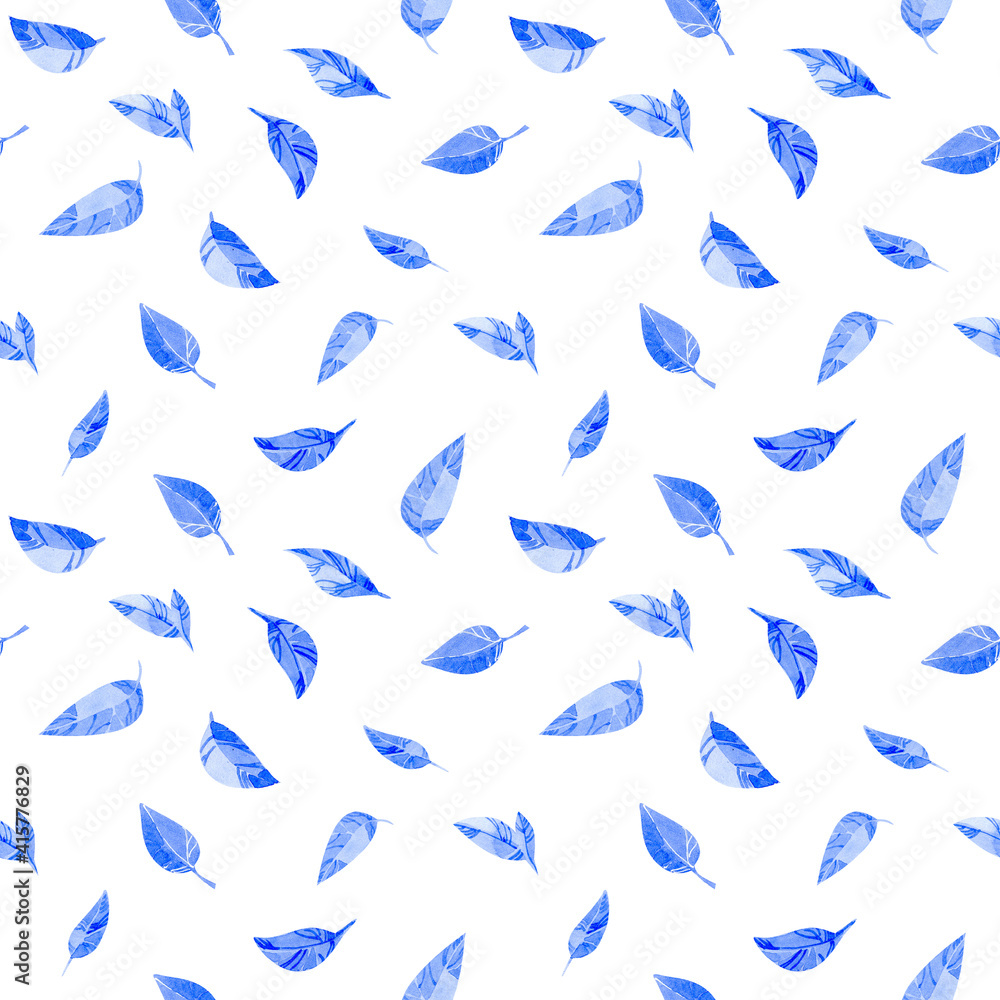 Watercolor seamless pattern. Blue leaves. isolated on white background