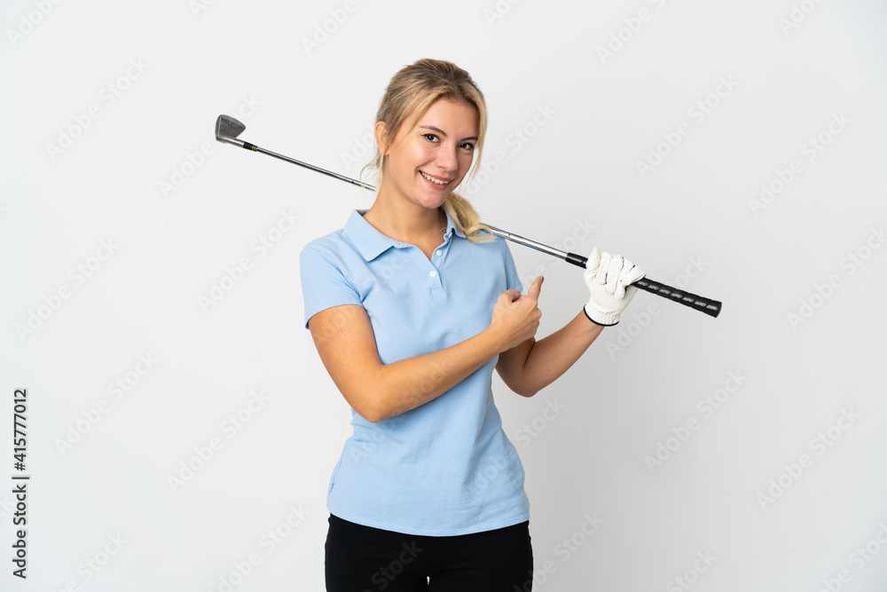 Young Russian golfer woman isolated on white background pointing back Young Russian golfer woman isolated on white background pointing back