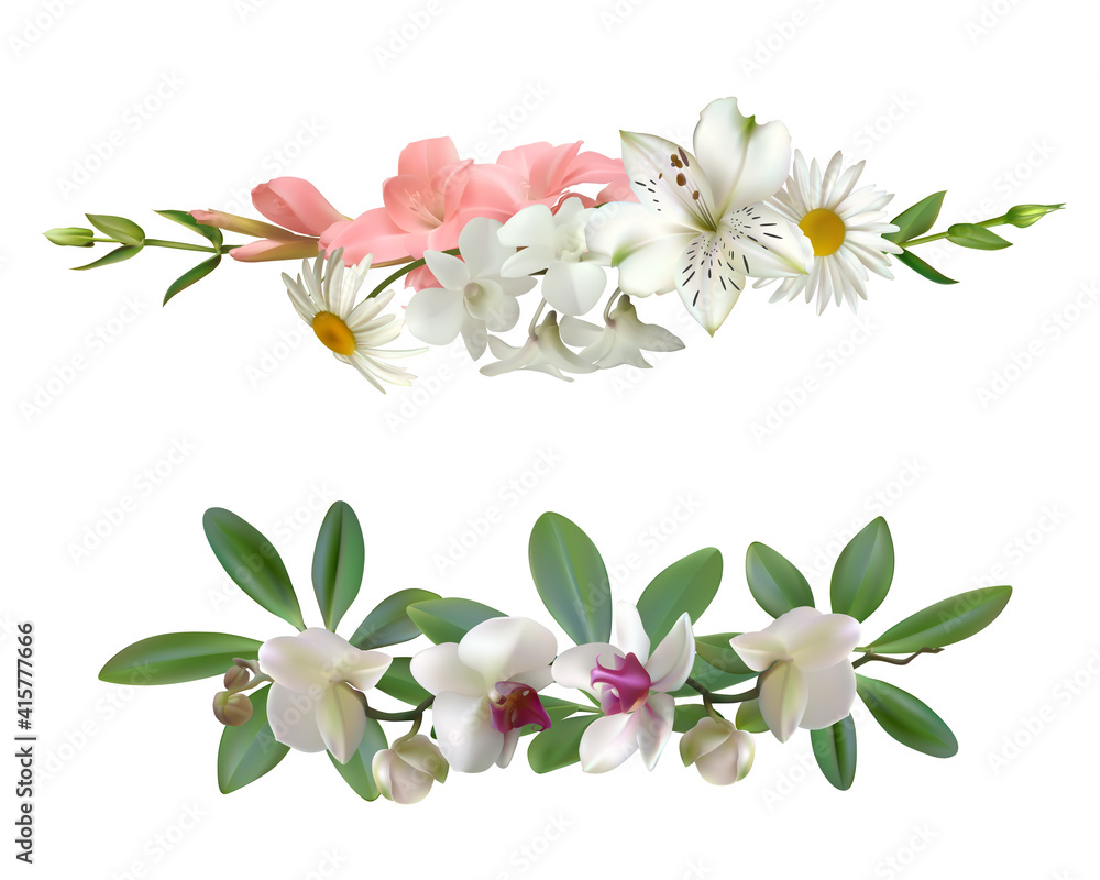 Flowers. Orchids. Tropical leaves. Gladiolus. Chamomile. Floral pattern. Bouquets. Flowers. Orchids. Tropical leaves. Gladiolus. Chamomile. Floral pattern. Bouquets.