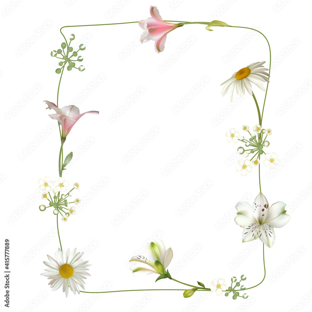 Flowers. Chamomile. Pink and white lilies. Leaves. Floral pattern.