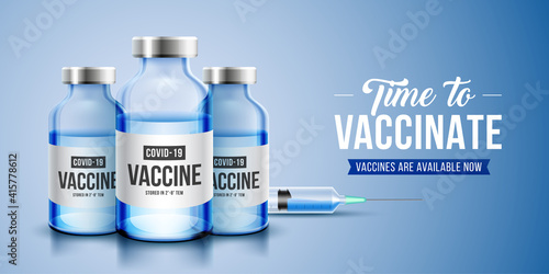 Coronavirus vaccine vector background. Covid-19 corona virus vaccination with realistic 3d vaccine bottle and syringe injection tool for covid19 immunization treatment. Vector illustration.