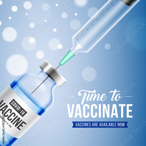 Coronavirus vaccine vector background. Covid-19 corona virus vaccination with realistic 3d vaccine bottle and syringe injection tool for covid19 immunization treatment. Vector illustration.