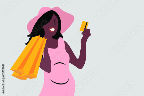 Happy abstract girl with shopping bags and credit card in her hand. Flat and minimal poster design in calm pink and yellow colors. 
Tanned skin, summer mood and fashion style. Attractive poster design