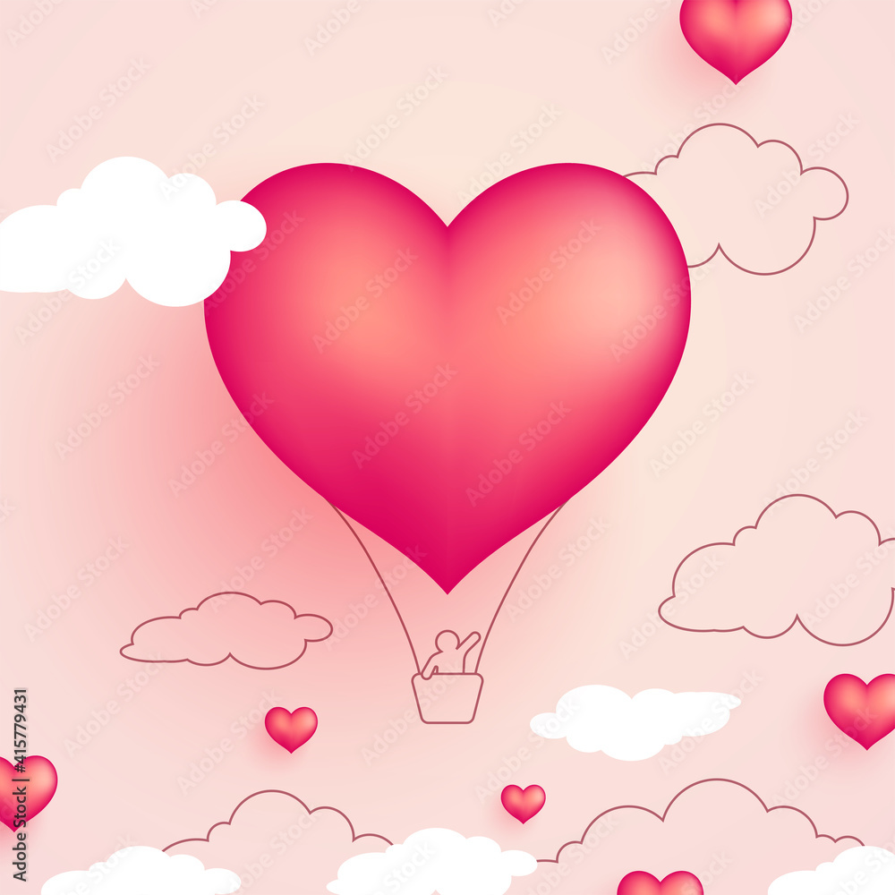 Valentines day background with heart shape hot air balloon and a boy saying happy valentines day. Vector illustration. Wallpaper, flyers, invitation, posters, brochure, banners. Valentines day background with heart shape hot air balloon and a boy saying happy valentines day. Vector illustration. Wallpaper, flyers, invitation, posters, brochure, banners.