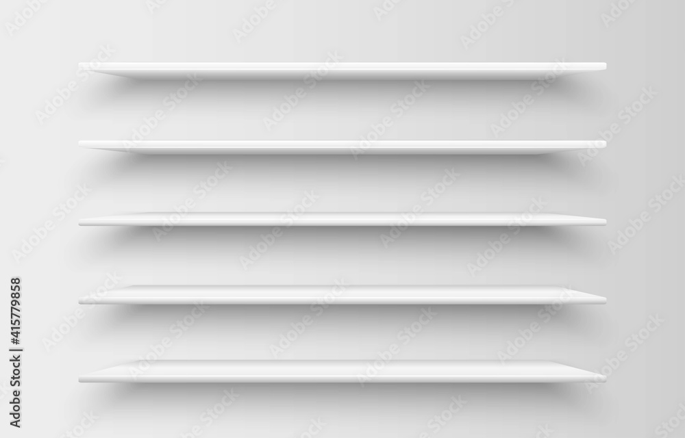 Set of realistic empty white shelves with shadow isolated on grey background. Interior concept for market store, library, school, office or home. Modern, rectangular, horizontal wall furniture.