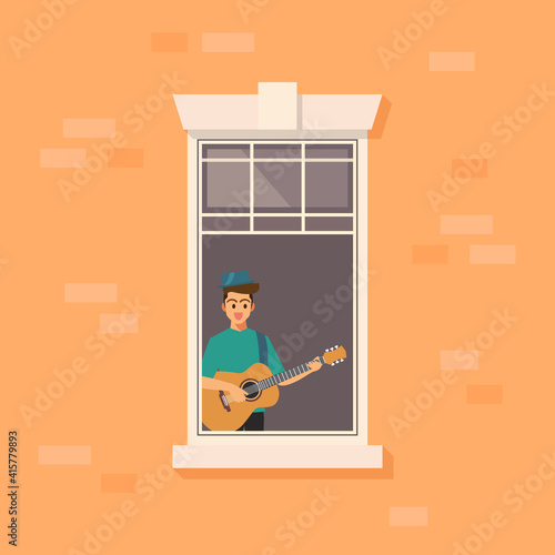 Apartment window with man playing guitar