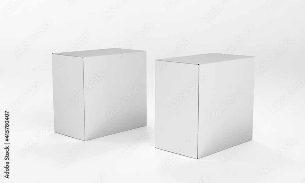Blank Square Box Package Template. Isolated White Box Wrapping 3D Mock