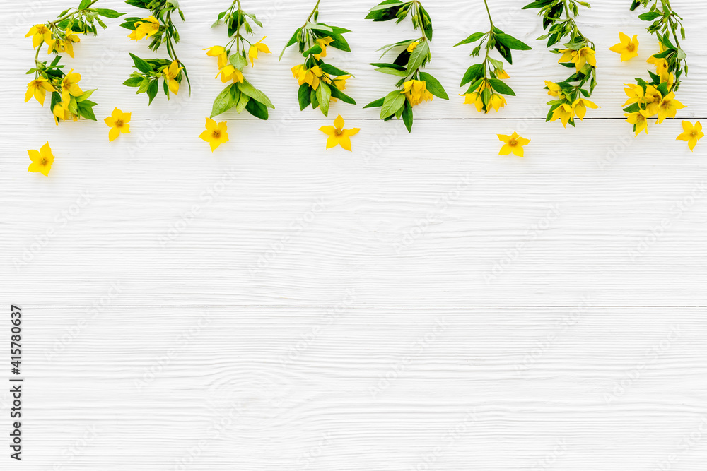 Floral pattern of yellow flowers with leaves, top view Floral pattern of yellow flowers with leaves, top view