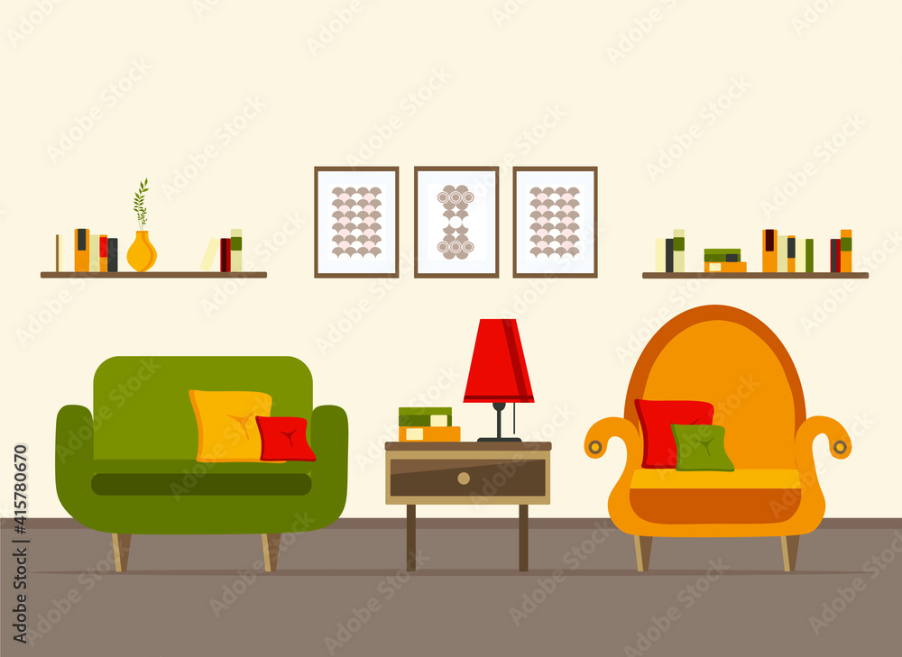 living room interior with furniture, sofa, table, shelves with books and home flowers, floor lamp. flat cartoon vector illustration living room interior with furniture, sofa, table, shelves with books and home flowers, floor lamp. flat cartoon vector illustration