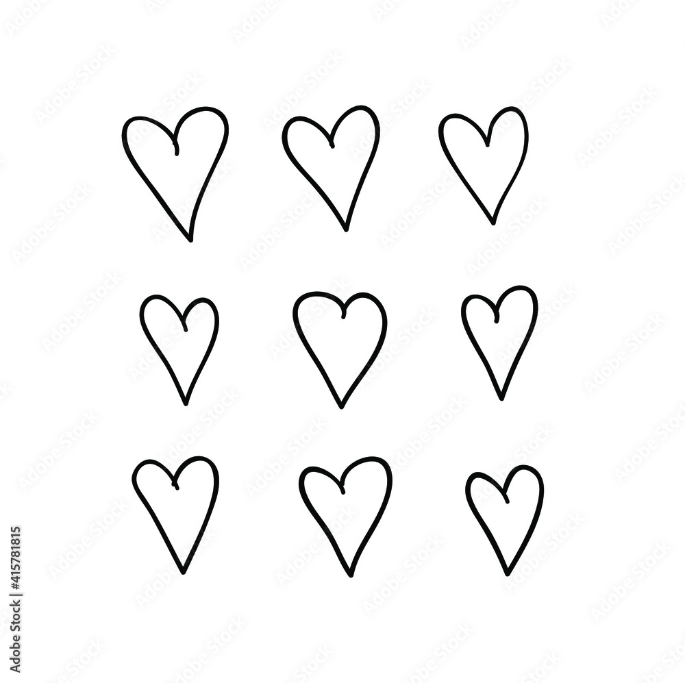 Doodle set of black and white pencil drawing objects. Hand drawn abstract illustration grunge elements. Vector abstract hearts for design