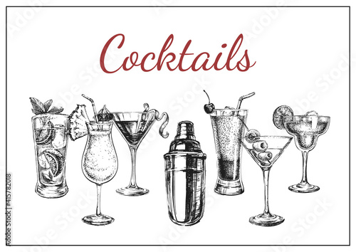 Cocktails and Alcohol Drinks Vector Hand Drawn Illustration