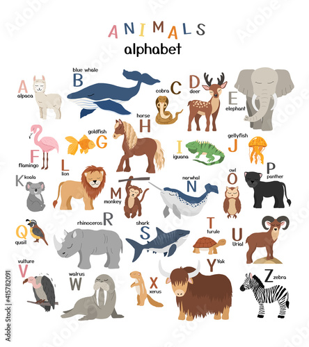Fototapeta Naklejka Na Ścianę i Meble -  Vector letters of the alphabet with cute animals for kids education