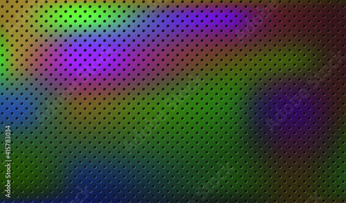 Dark technology background. Black perforated metal with color stains