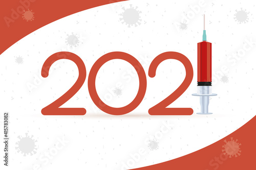 2021 year with covid19 vaccine syringe and particles virus