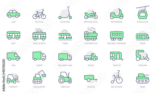 Transport side view simple line icons. Vector illustration with minimal icon - bike, tram, train, electric scooter, trolley, railway, motorbike, trailer, excavator. Green Color, Editable Stroke
