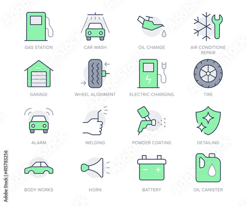 Transport car service simple line icons. Vector illustration with minimal icon - battery, air conditioner, garage, detailing, body works, horn, wash, oil canister. Green Color Editable Stroke