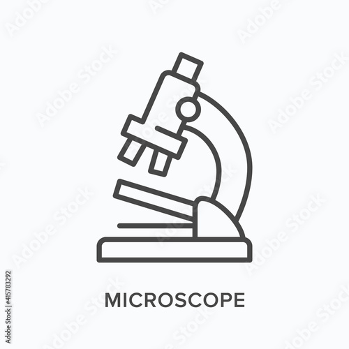 Microscope flat line icon. Vector outline illustration of laboratory instrument. Black thin linear pictogram for scientific equipment