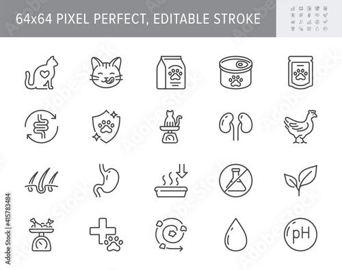 Cat food line icons. Vector illustration include icon outline bag, can, weight scales, stomach, sand box, pouch, balanced diet, kitty paw pictogram for pet meal. 64x64 Pixel Perfect Editable Stroke