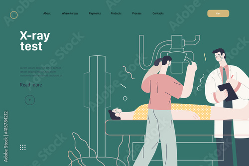 Medical tests template - x-ray test - modern flat vector concept digital illustration of x-ray procedure - a patient and doctors with a x-ray machine, medical office or laboratory