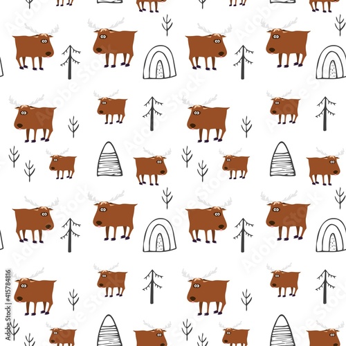 A seamless pattern with a cute funny moose and trees. Vector illustration in cartoon style. Endless texture on a white background