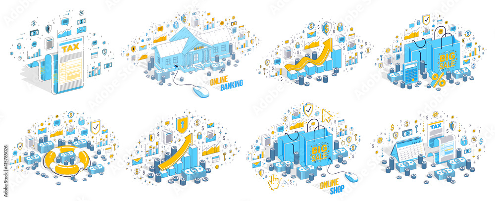 Naklejka premium Business and finance concepts 3D vector illustrations set isolated on white background, money theme conceptual design collection, savings, bank, contract, income, safety, online.