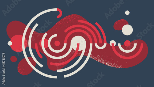 Geometric artistic vector background with lines and circles, abstract modern art composition, rhythmic and motional design decoration in red and black colors.