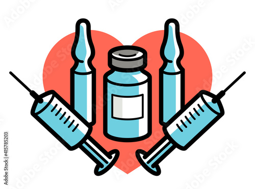 Vaccination theme vector illustration of a syringe with ampules and vial isolated over white, epidemic or pandemic coronavirus covid 19 or flu or SARS or any other vaccine, pharmacology concept.