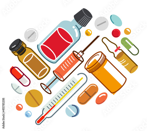 Big composition set of medicaments vector flat illustration isolated, pharmacy drugs apothecary bottles and pills and ampules, health care and healing medical theme design.