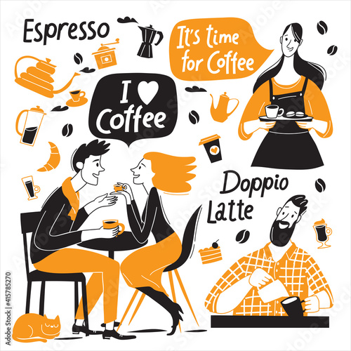Coffee motivational vector design with barista and coffee elements and lettering