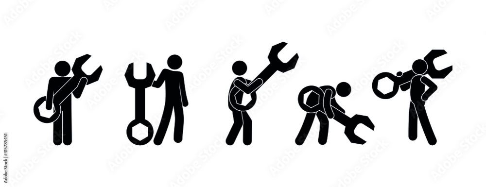 locksmith illustration, stick figure tech support isolated icon, man with wrench silhouettes set locksmith illustration, stick figure tech support isolated icon, man with wrench silhouettes set