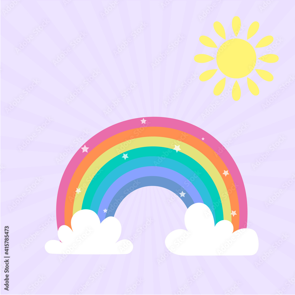 Rainbow icon in pastel colors, shining stars, sun and clouds on a rose sky background. Vector illustration, cartoon style