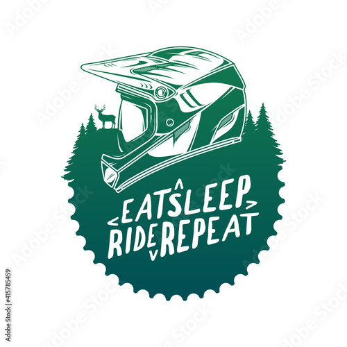 Vector mountain biking badge with full-face helmet and pine trees
