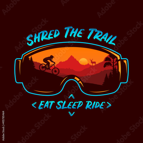 Vector mountain biking illustration with a cyclist, mountains, and wild nature