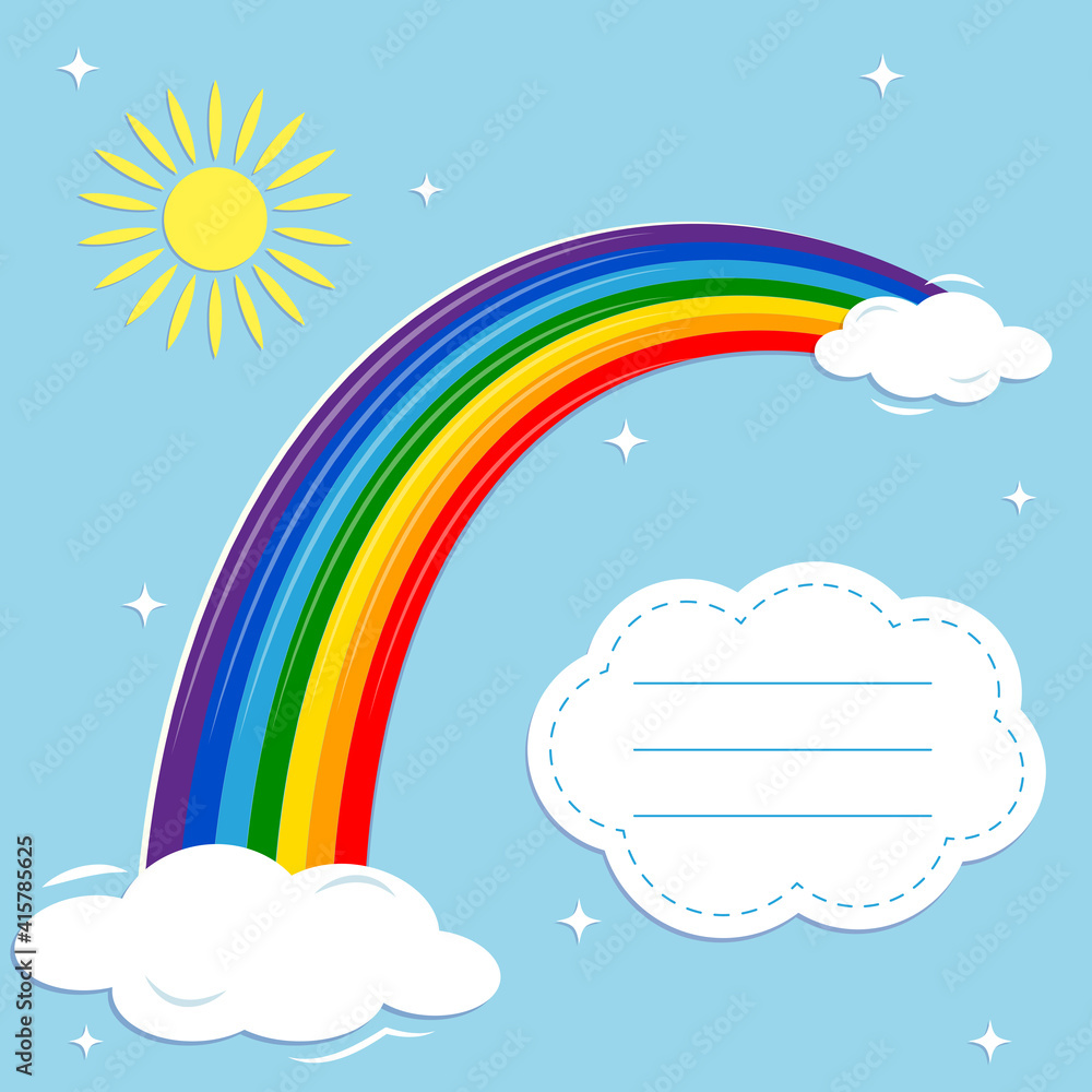 Multicolored rainbow , shining stars, sun and clouds on a blue sky background. Vector illustration, cartoon style