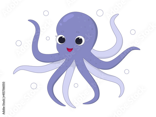 A cute purple octopus on a white background. Vector, cartoon style