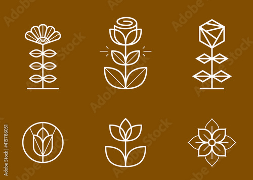 Geometric linear style vector flower logos or emblems set, sacred geometry floral symbols line drawing emblems collection, blossoming flower hotel or boutique or jewelry logotypes.