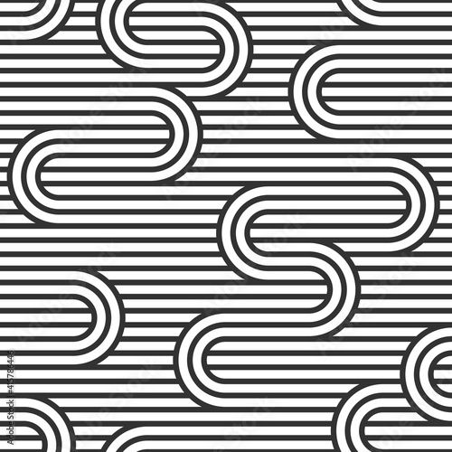 Seamless pattern with twisted lines, vector linear tiling background, stripy weaving, optical maze, twisted stripes. Black and white design.